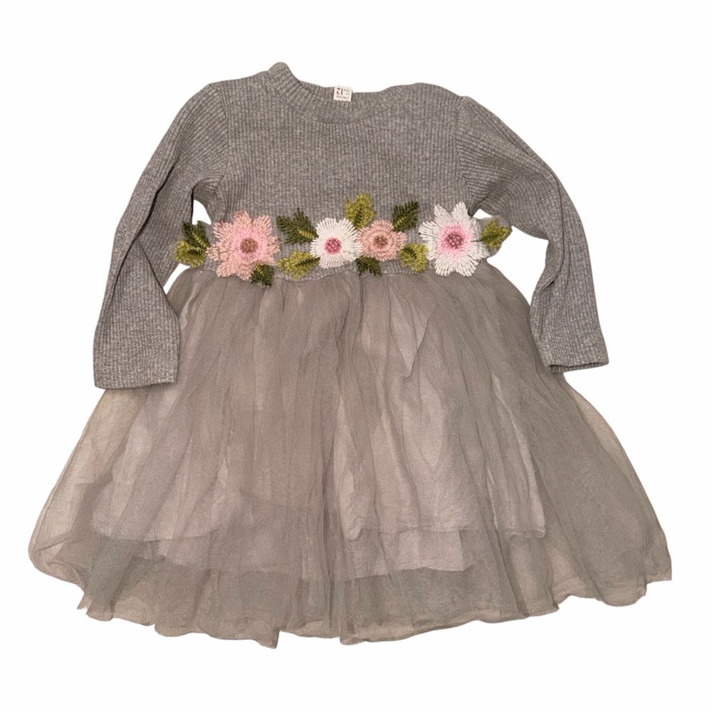 Gray Knit Sweater Tulle Dress with Floral Embroidery - 12M